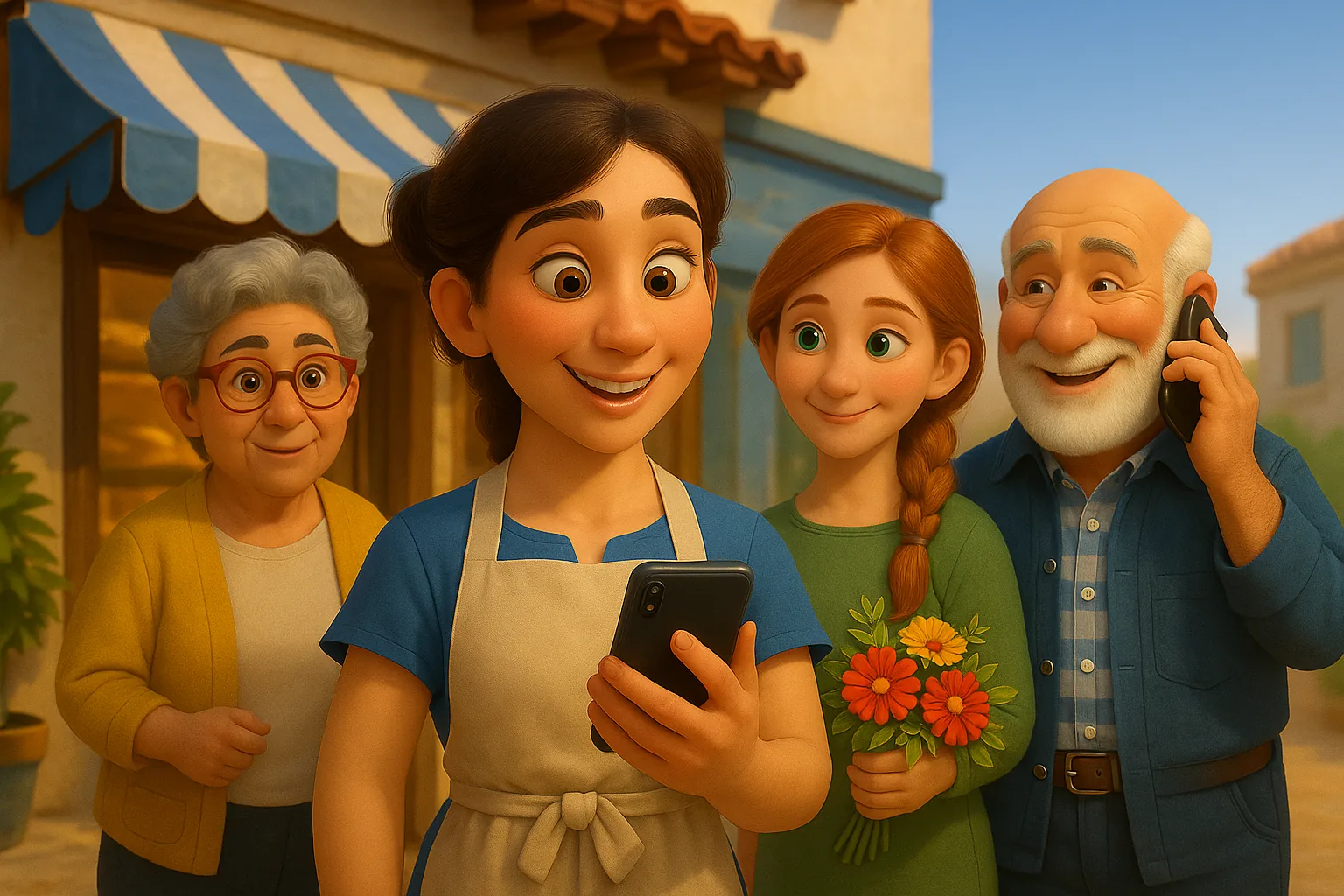 Lucía smiling with her phone outside the bakery, with Marta, Sara and Andrés