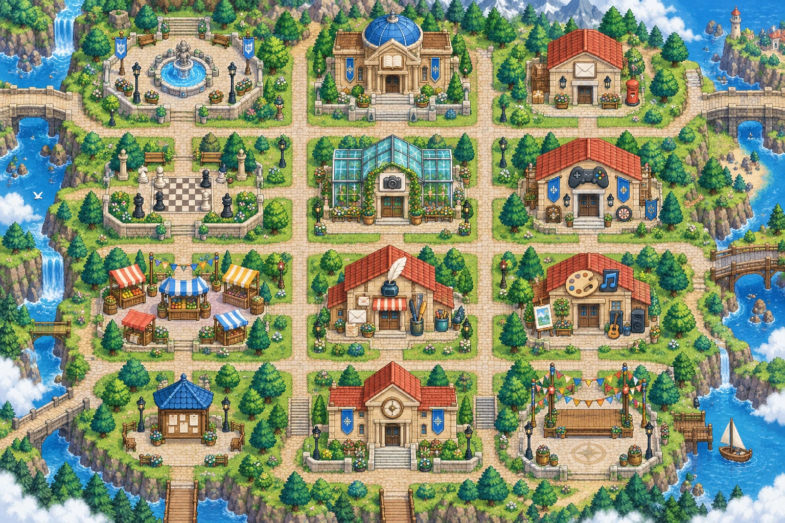Pixel art village with twelve places connected by paths and bridges